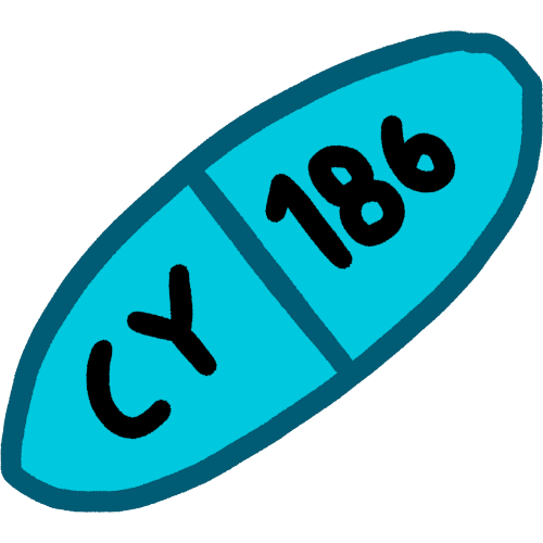 A blue turquoise capsule with “CY” on one side and “186” on the other side.